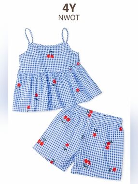 Girls Blue Gingham Cherry Print Sleeveless Top & Shorts Set Size 4Y NWOT